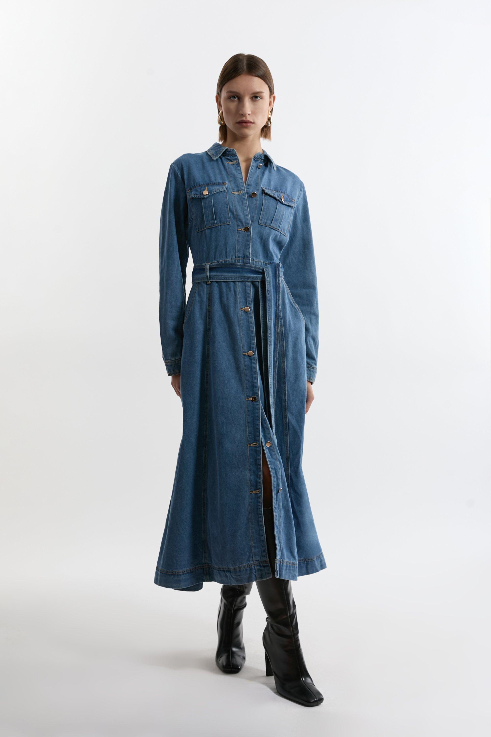 Denim Collared Belted Maxi Dress | Karen Millen